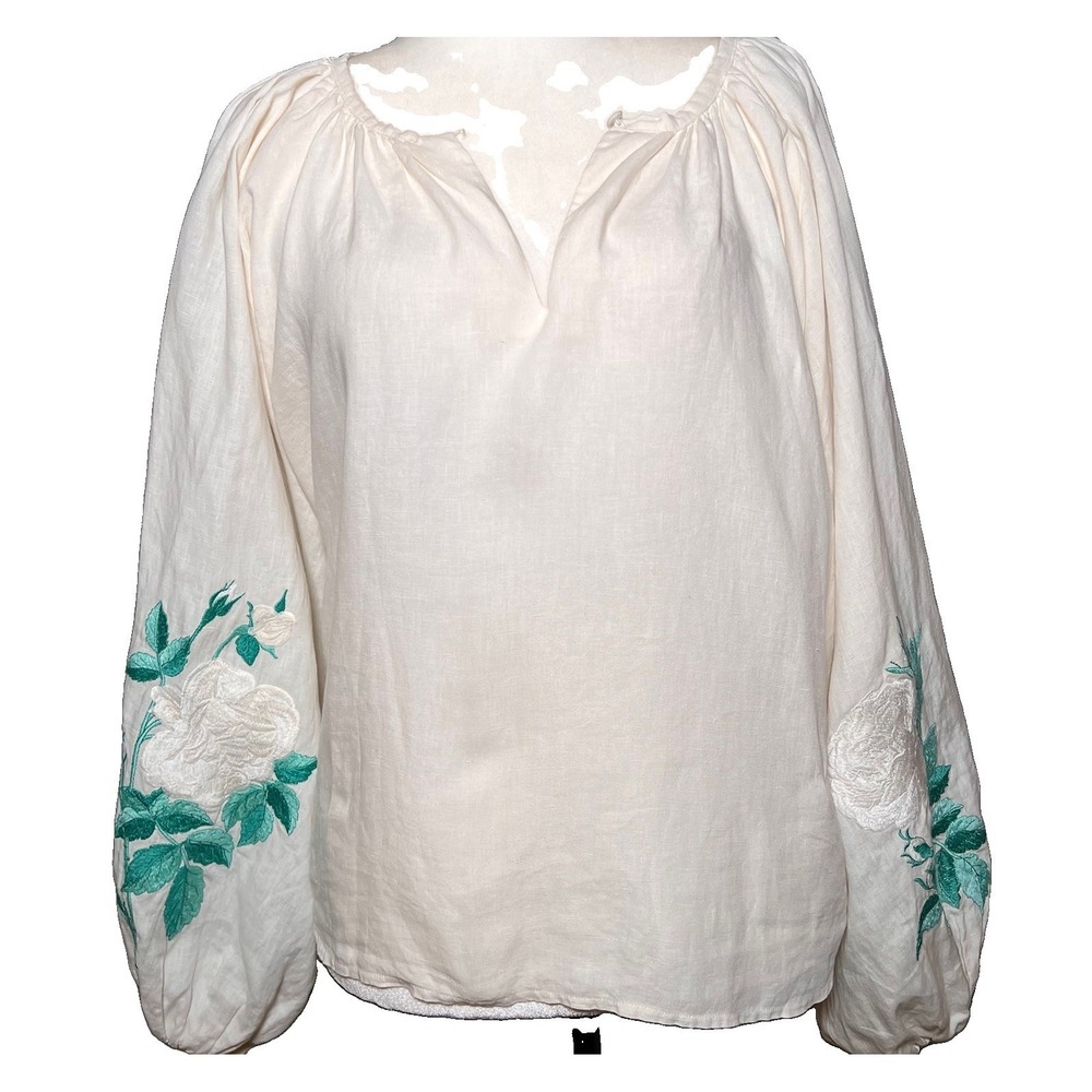 Fanm Mon Linen Peasant Blouse L Parisian Green Floral Embroidery Puff Slv Boho